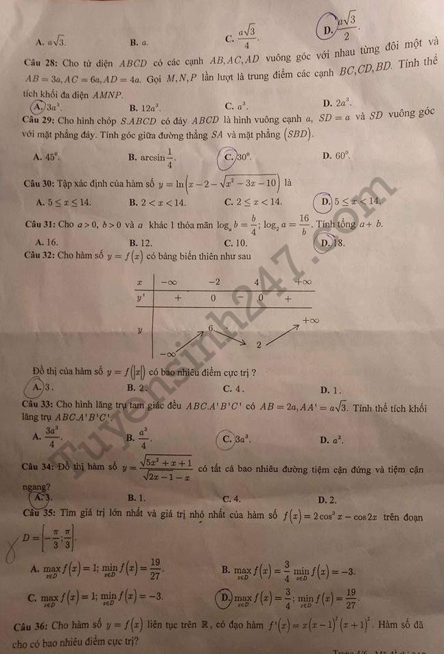 De thi giua ki 1 lop 12 mon Toan THPT Chuyen DH Vinh 2017 - 2018