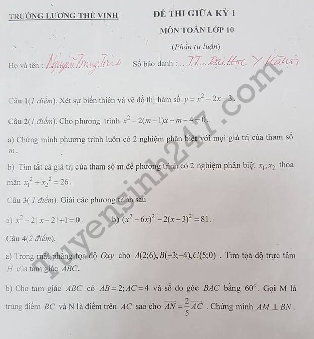 De thi giua ki 1 lop 10 mon Toan 2017 - 2018 THPT Luong The Vinh HN