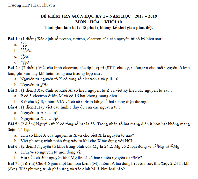 De kiem tra giua hoc ki 1 lop 10 mon Hoa - THPT Han Thuyen 2017 - 2018