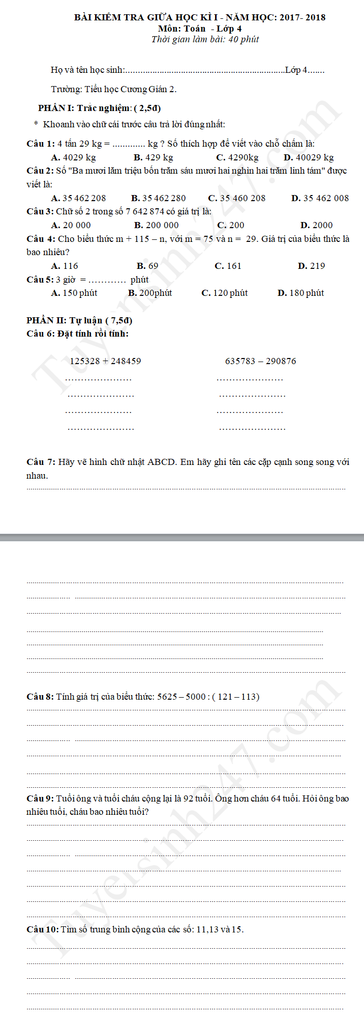 De kiem tra Toan lop 4 giua ki 1 nam hoc 2017 - 2018 TH Cuong Gian 2