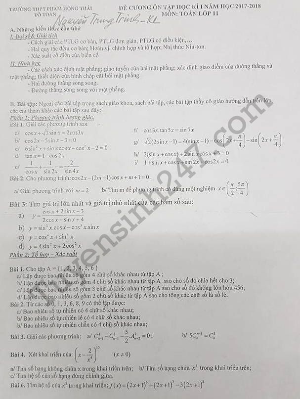 De cuong on tap hoc ki 1 mon Toan lop 11 nam 2017 - THPT Pham Hong Thai