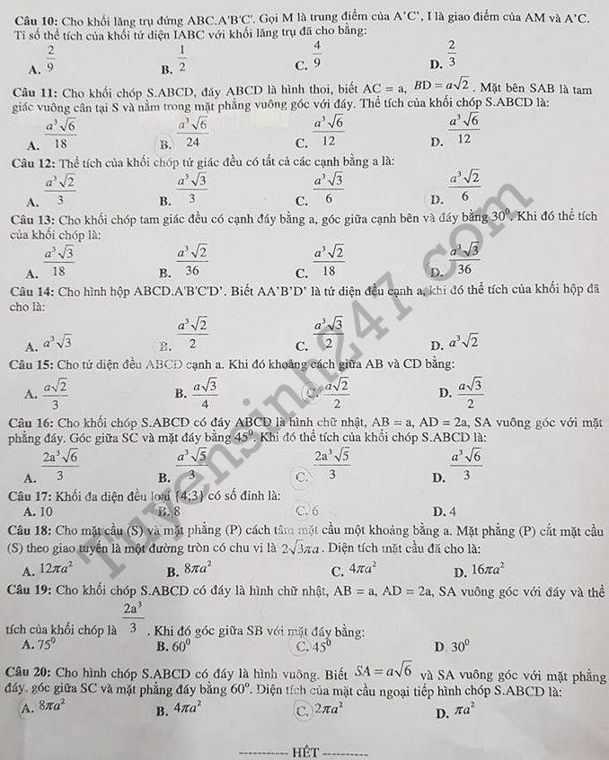 De thi giua ki 1 lop 12 mon Toan THPT Chuyen ngoai ngu 2017-2018
