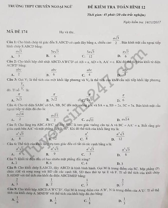 De thi giua ki 1 lop 12 mon Toan THPT Chuyen ngoai ngu 2017-2018