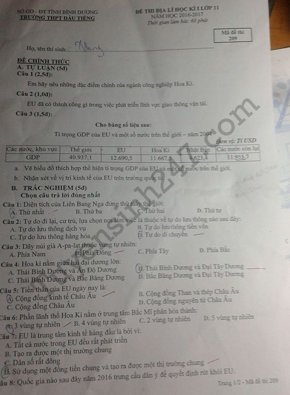 De thi hoc ki 1 lop 11 mon Dia 2017 - THPT Dau Tieng
