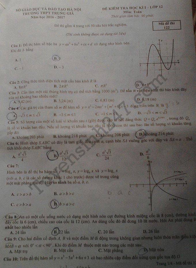 De thi hoc ki 1 lop 12 mon Toan THPT Trung Gia 2017
