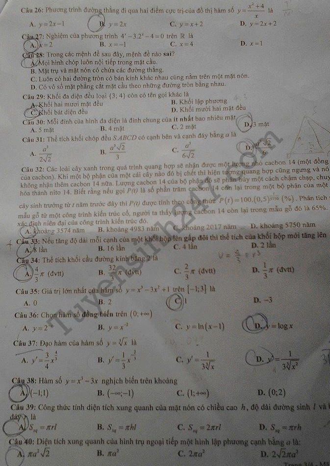 De thi hoc ki 1 lop 12 mon Toan THPT Trung Gia 2017