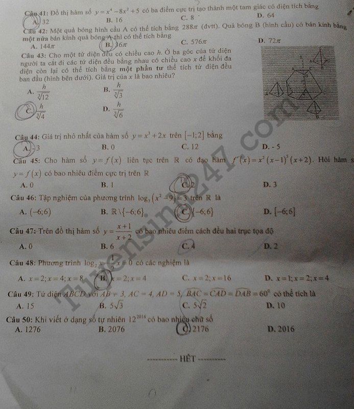 De thi hoc ki 1 lop 12 mon Toan THPT Trung Gia 2017