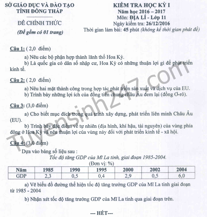 De thi hoc ki 1 lop 11 mon Dia 2017 - Dong Thap