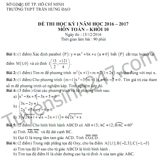 De thi hoc ki 1 lop 10 mon Toan THPT Tran Hung Dao 2017