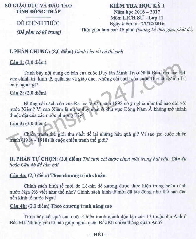 De thi hoc ki 1 lop 11 mon Su 2017 - Dong Thap