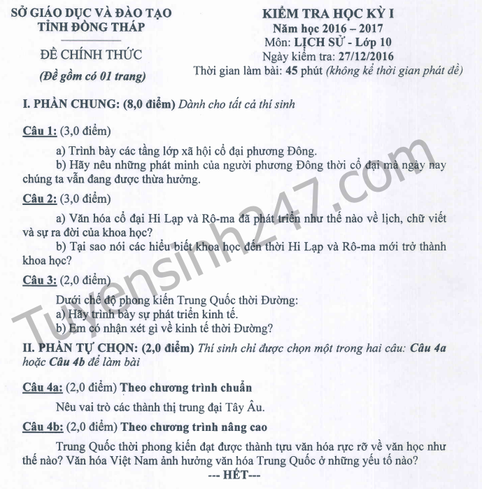 De kiem tra cuoi ki 1 lop 10 mon Su 2017 - Dong Thap