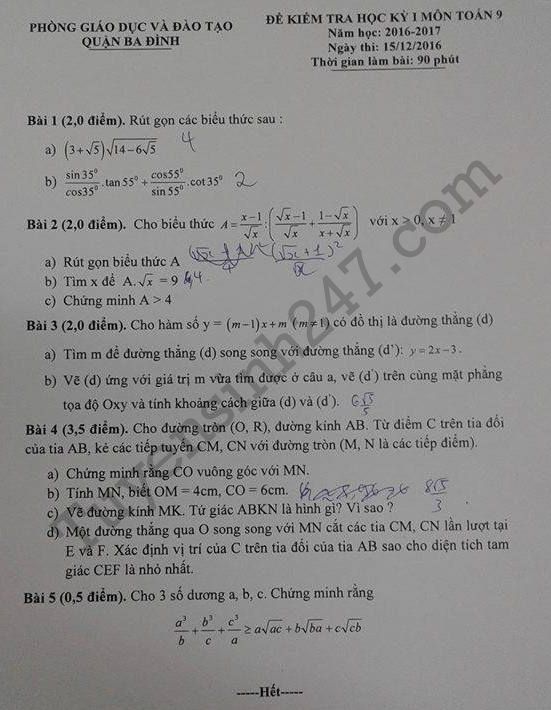 De thi hoc ki 1 lop 9 mon Toan 2017 - Quan Ba Dinh