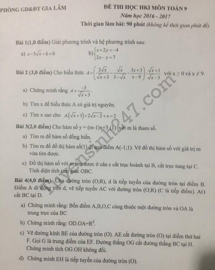 De thi cuoi hoc ki 1 mon Toan lop 9 - Gia Lam 2017
