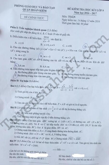 De thi hoc ki 1 mon Toan lop 9 - Quan Hoan Kiem 2017