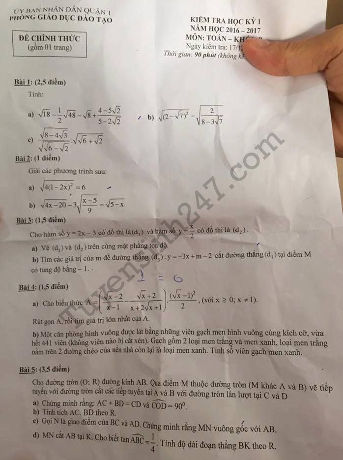 De thi hoc ki 1 mon Toan lop 9 - Quan 1 nam 2017