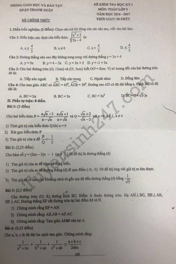De thi hoc ki 1 lop 9 mon Toan - Quan Thanh Xuan 2017