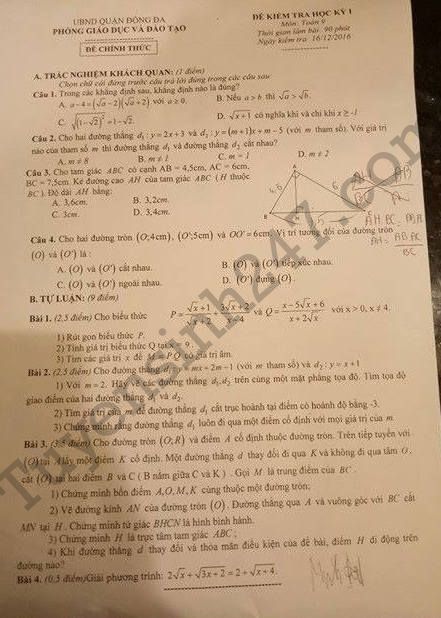 De thi hoc ki 1 mon Toan lop 9 nam 2017 - Quan Dong Da
