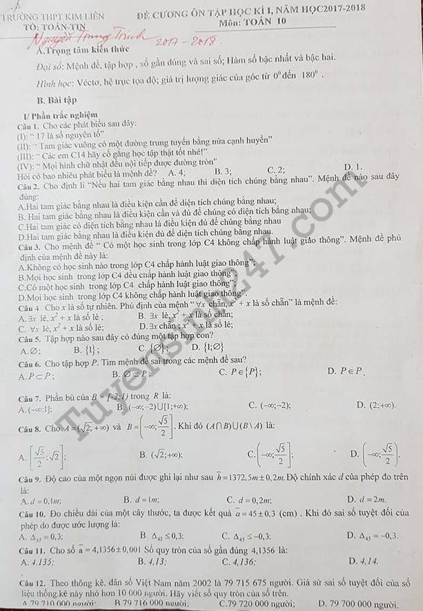 De cuong on tap hoc ki 1 lop 10 nam 2017 - THPT Kim Lien