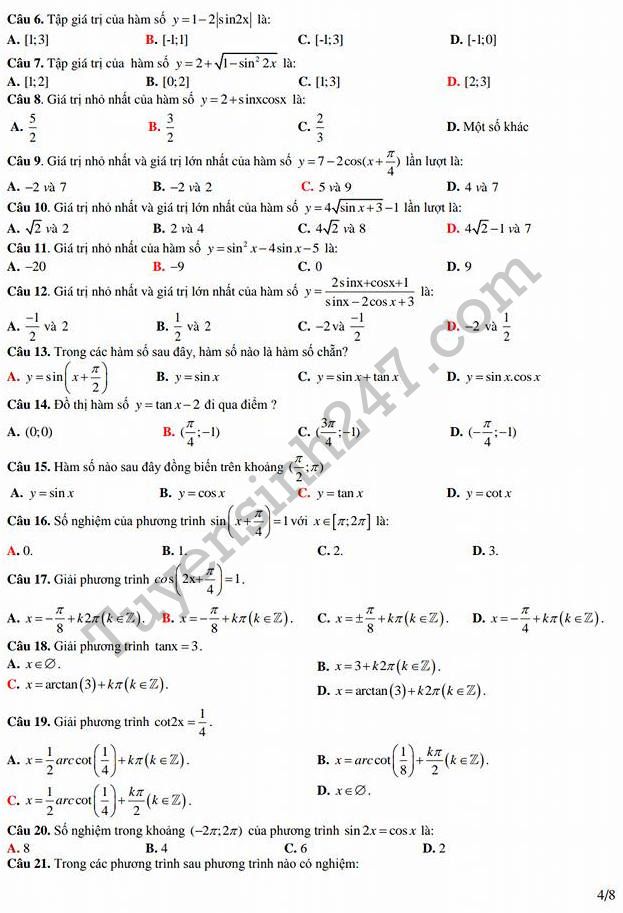 De cuong on tap ki 1 lop 11 mon Toan 2017 - THPT Kim Lien
