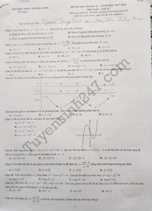 De cuong on tap ki 1 lop 12 mon Toan 2017 - THPT Thang Long