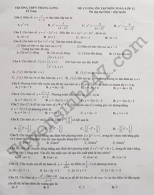 De cuong on tap ki 1 lop 12 mon Toan 2017 - THPT Thang Long