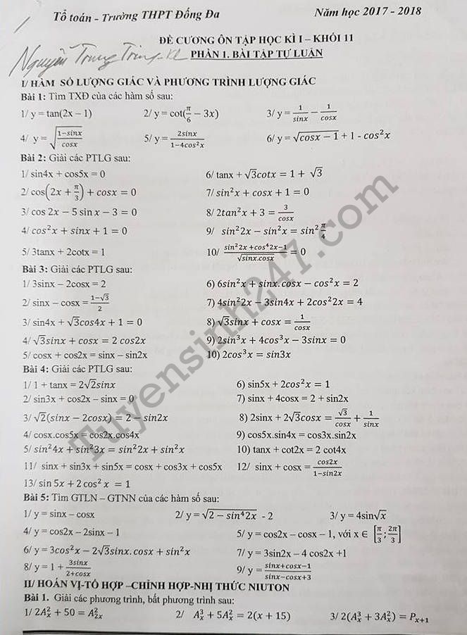 De cuong on tap ki 1 lop 11 mon Toan - THPT Dong Da 2017