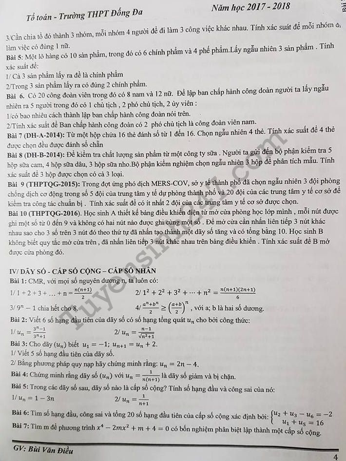 De cuong on tap ki 1 lop 11 mon Toan - THPT Dong Da 2017