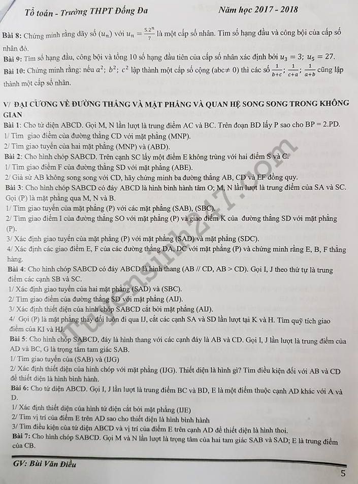 De cuong on tap ki 1 lop 11 mon Toan - THPT Dong Da 2017