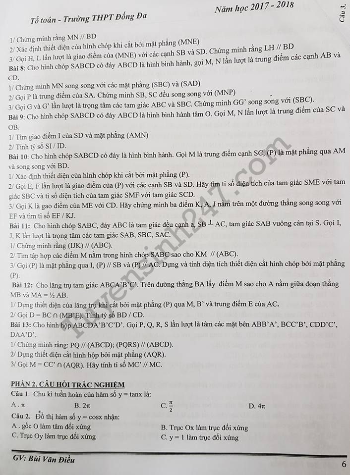 De cuong on tap ki 1 lop 11 mon Toan - THPT Dong Da 2017