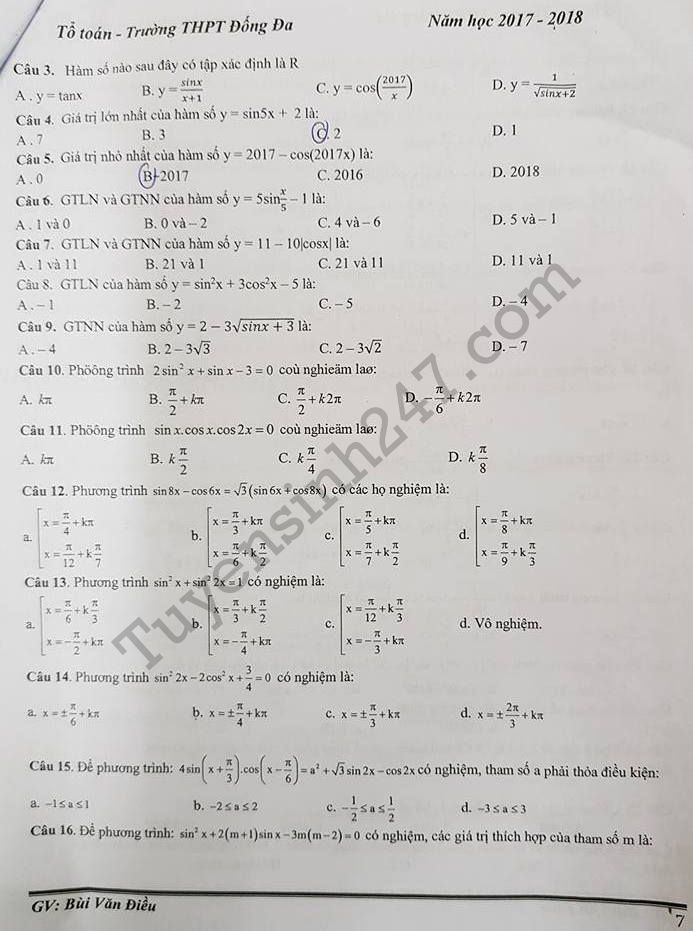 De cuong on tap ki 1 lop 11 mon Toan - THPT Dong Da 2017