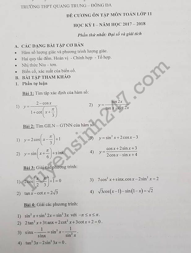 De cuong on thi ki 1 lop 11 mon Toan 2017 THPT Quang Trung
