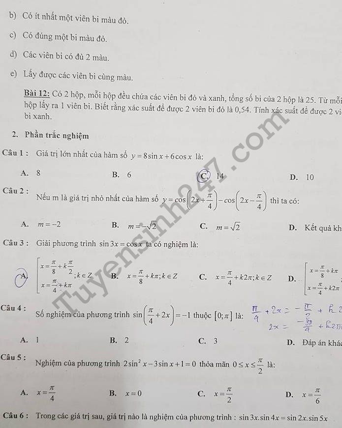De cuong on thi ki 1 lop 11 mon Toan 2017 THPT Quang Trung