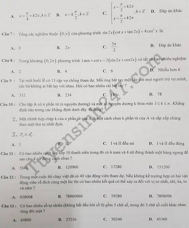 De cuong on thi ki 1 lop 11 mon Toan 2017 THPT Quang Trung