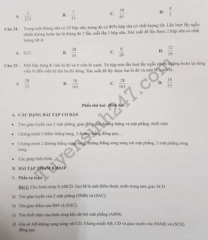 De cuong on thi ki 1 lop 11 mon Toan 2017 THPT Quang Trung