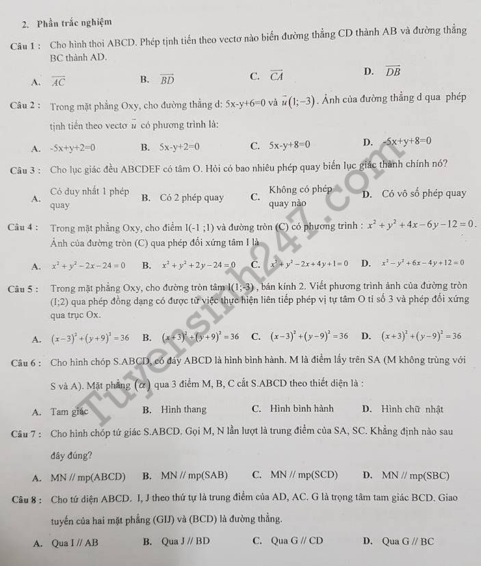 De cuong on thi ki 1 lop 11 mon Toan 2017 THPT Quang Trung
