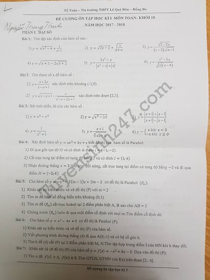 De cuong on tap ki 1 mon Toan lop 10 nam 2017 THPT Le Quy Don