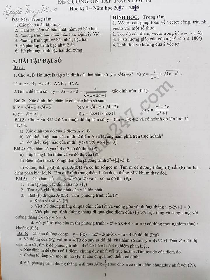 De cuong on tap Toan lop 10 hoc ki 1 THPT Viet Duc 2017