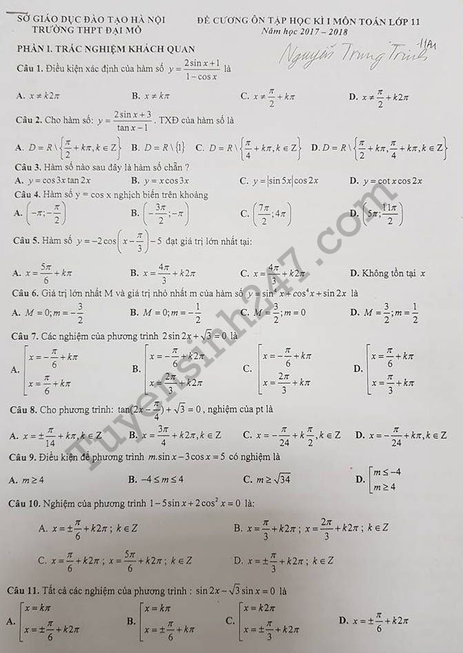 De cuong on tap hoc ki 1 lop 11 mon Toan 2017 - THPT Dai Mo