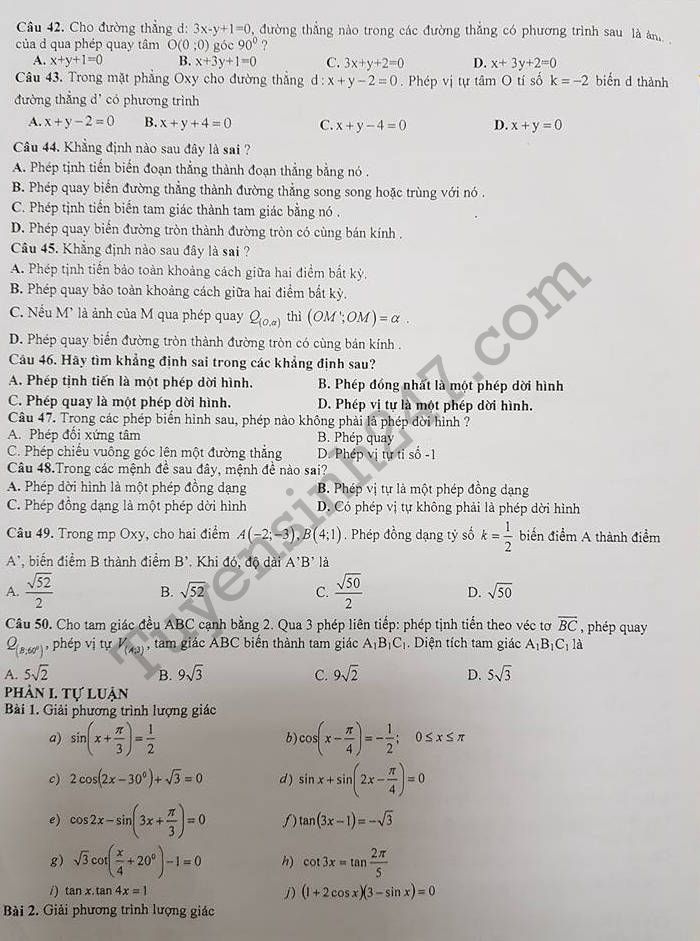 De cuong on tap hoc ki 1 lop 11 mon Toan 2017 - THPT Dai Mo