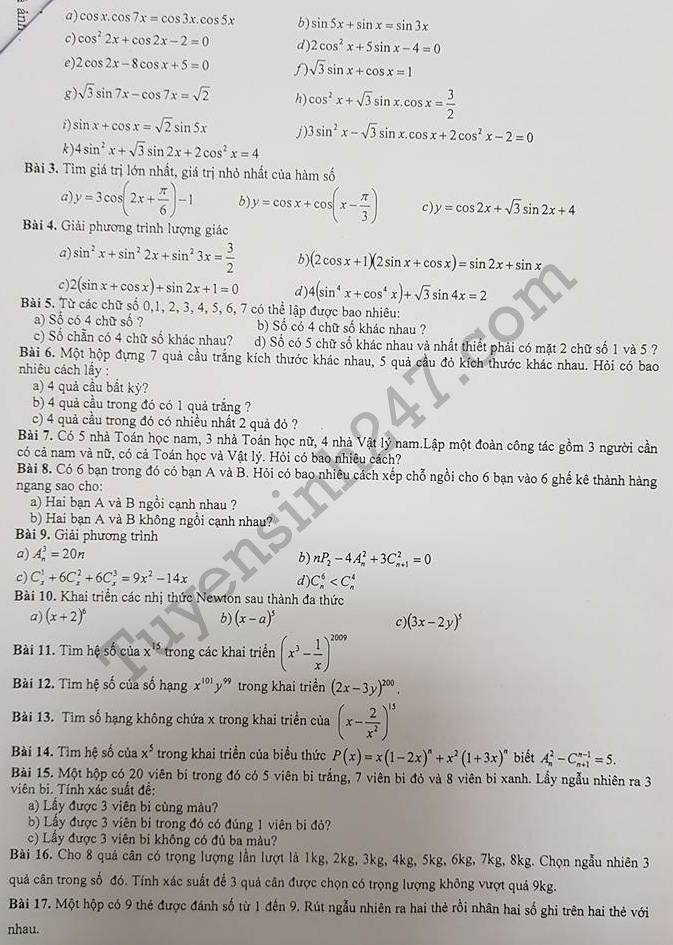 De cuong on tap hoc ki 1 lop 11 mon Toan 2017 - THPT Dai Mo