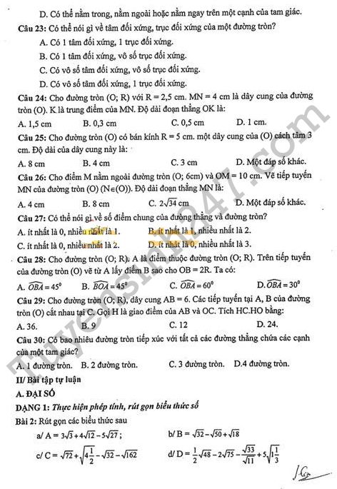 De cuong on tap hoc ki 1 lop 9 mon Toan - THCS Doan Thi Diem 2017