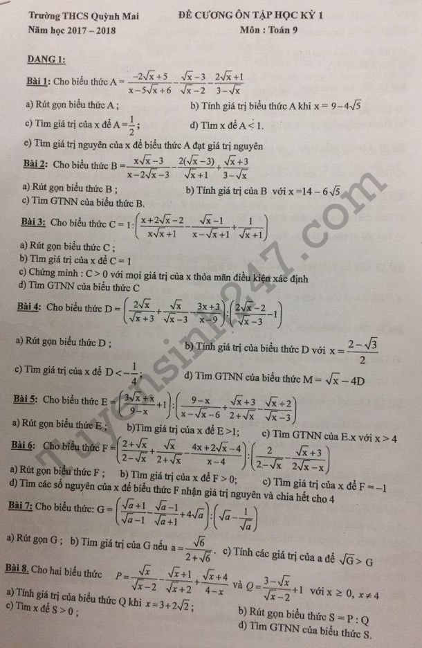 De cuong on tap hoc ki 1 lop 9 mon Toan 2017 Quan Hai Ba Trung