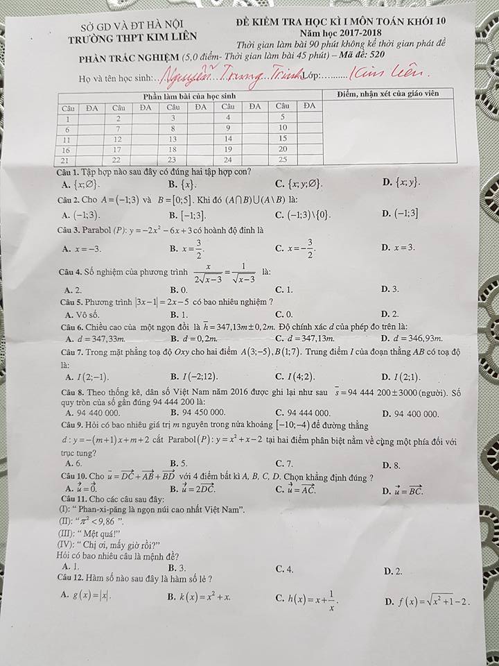 De thi hoc ki 1 lop 10 mon Toan THPT Kim Lien 2017 - 2018