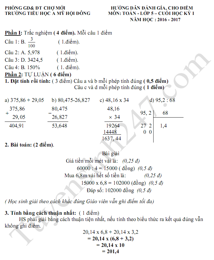 De kiem tra hoc ki 1 lop 5 mon Toan 2017 - TH A My Hoi Dong