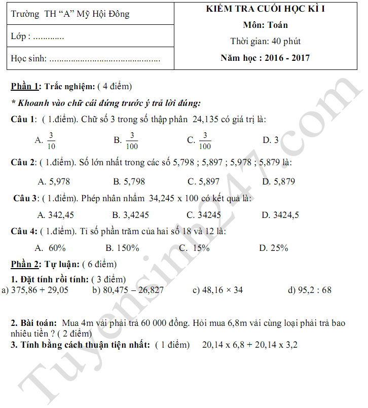De kiem tra hoc ki 1 lop 5 mon Toan 2017 - TH A My Hoi Dong