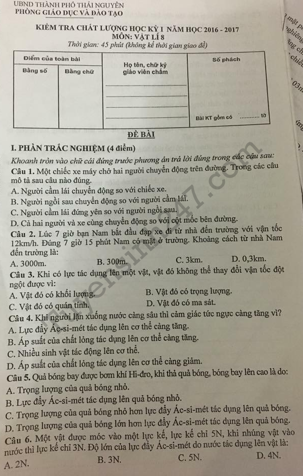 De thi hoc ki 1 lop 8 mon Ly nam 2017 Phong GD Thai Nguyen