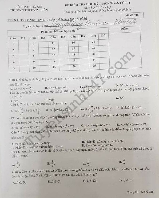 De thi hoc ki 1 lop 11 mon Toan 2017 - 2018 THPT Kim Lien
