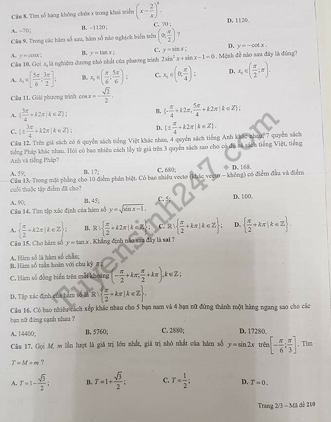 De thi hoc ki 1 lop 11 mon Toan 2017 - 2018 THPT Kim Lien