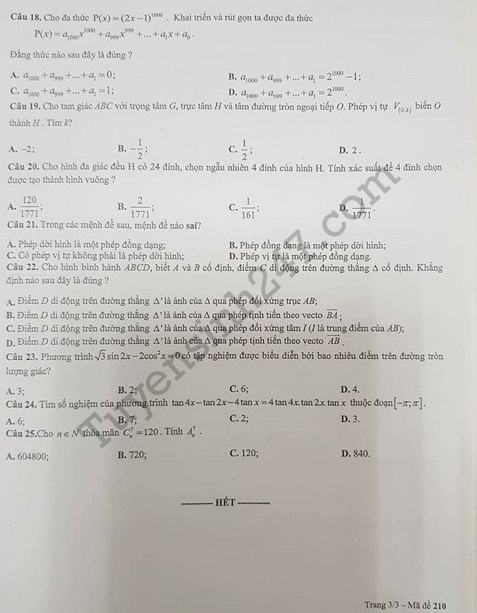 De thi hoc ki 1 lop 11 mon Toan 2017 - 2018 THPT Kim Lien