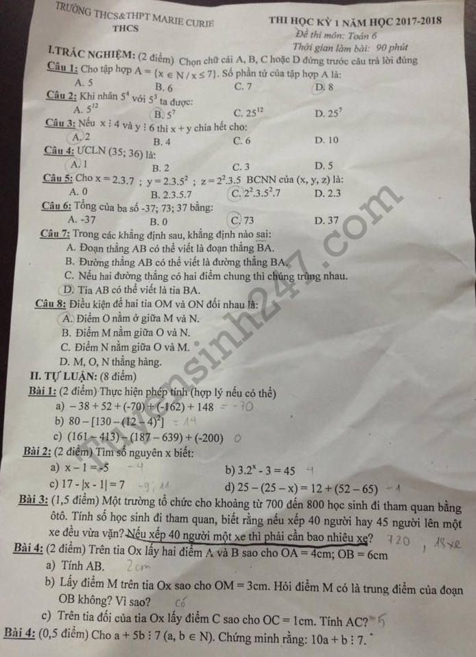 De thi hoc ki 1 lop 6 mon Toan 2017 - 2018 Marie Curie